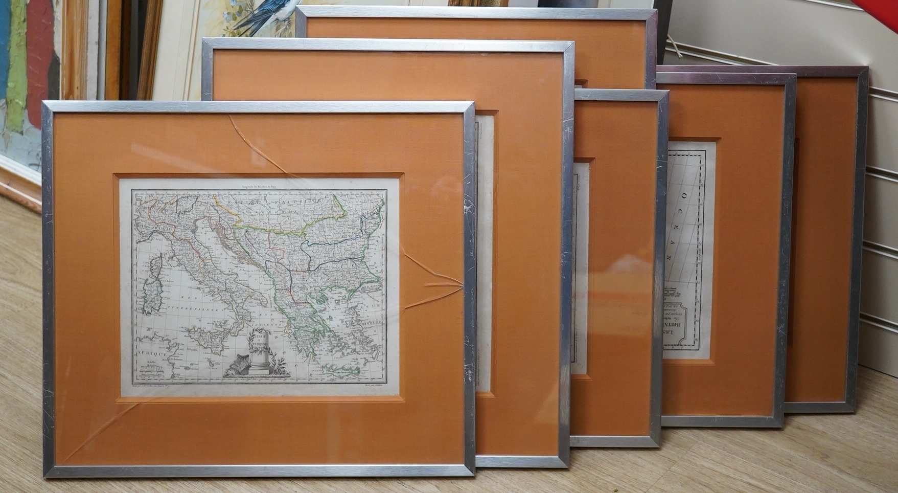 Six 19th century hand coloured maps of the UK and Europe, to include J B Tardeu, ‘Italie and Turquie’, ‘Allemagne’,1812 and ‘Angleterre’, each 24 x 32cm. Condition - fair, one with cracked glass